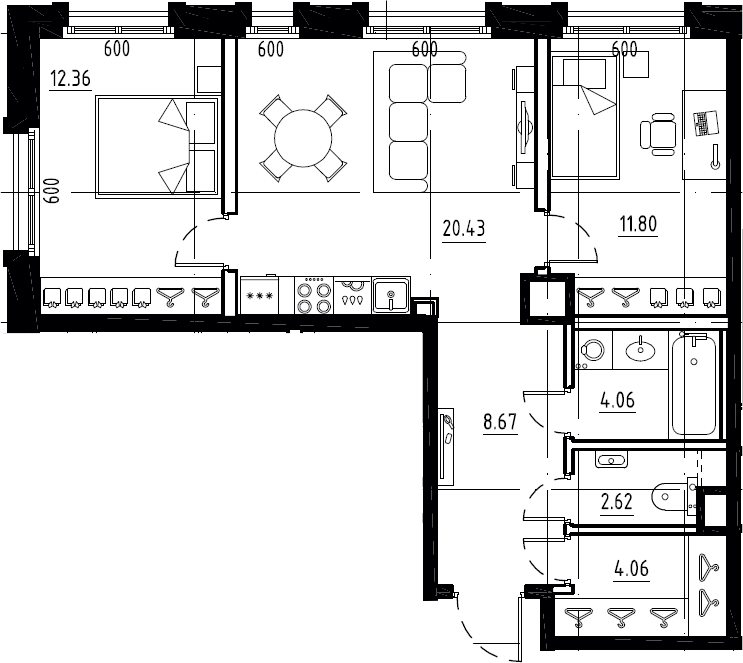 3Е-комнатная, 64 м²– 2