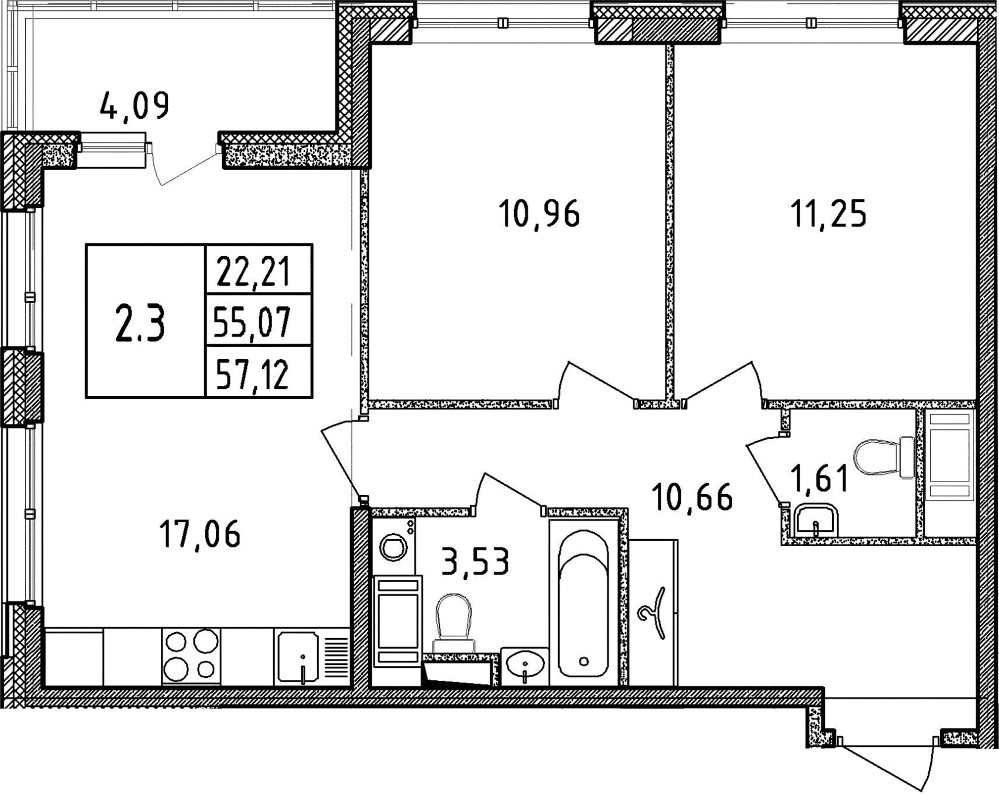 3Е-комнатная, 55.07 м²– 2