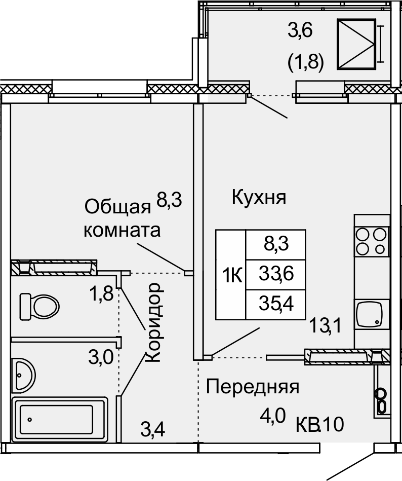 1-комнатная, 35.4 м²– 2