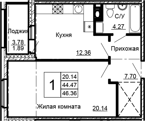1-к.кв, 46.36 м², 13 этаж