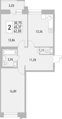 2-комнатная, 62 м²– 2