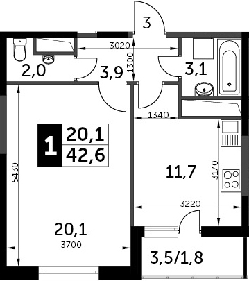 1-комнатная, 42.6 м²– 2