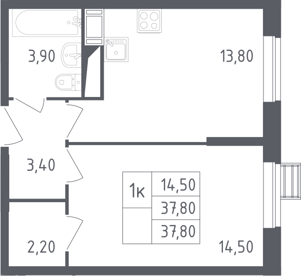 1-комнатная, 37.8 м²– 2