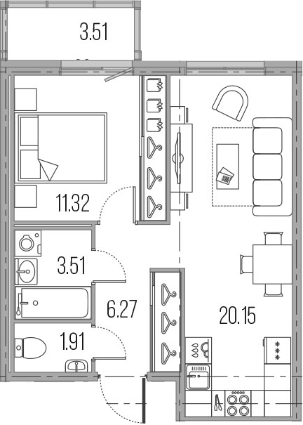 2Е-комнатная, 43.16 м²– 2