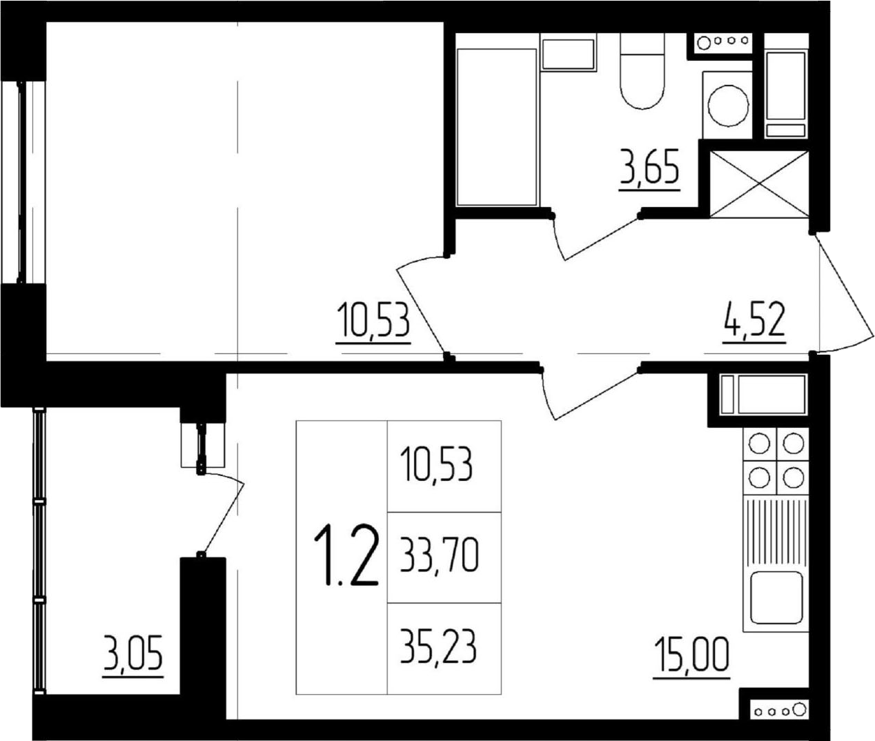 2Е-комнатная, 33.7 м²– 2