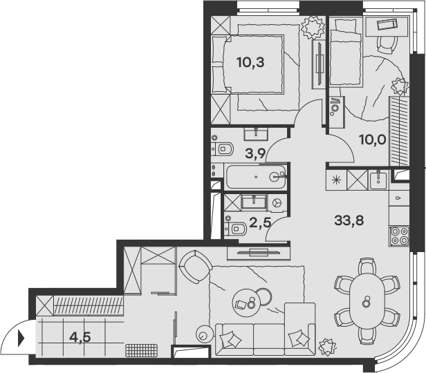 3Е-комнатная, 65 м²– 2