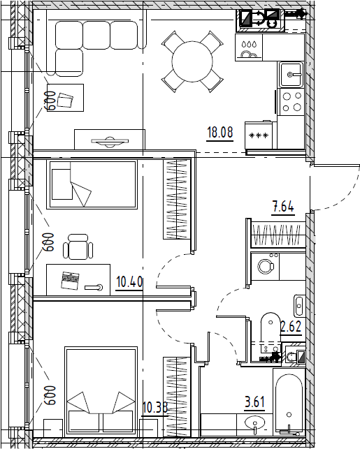 3Е-комнатная, 52.73 м²– 2