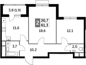 2-комнатная, 60.1 м²– 2