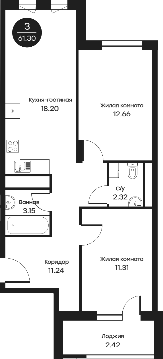 3Е-к.кв, 61.3 м²
