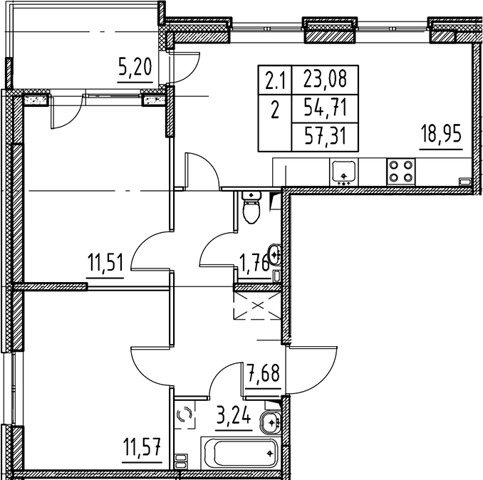 3Е-комнатная, 54.71 м²– 2