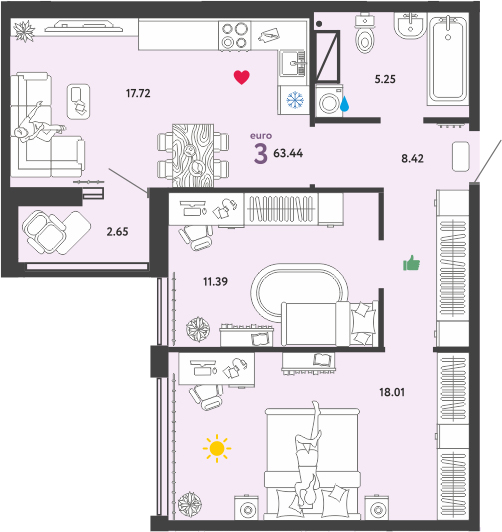 3Е-комнатная, 63.44 м²– 2