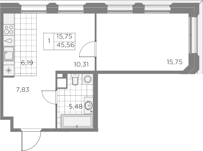 2Е-комнатная, 45.56 м²– 2