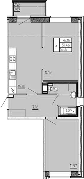 3Е-комнатная, 55.35 м²– 2