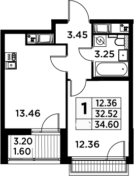 1-комнатная, 34.6 м²– 2