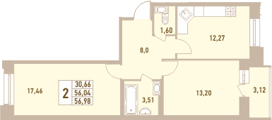 2-комнатная, 56.98 м²– 2