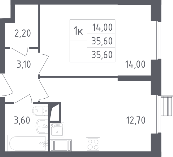 1-комнатная, 35.6 м²– 2
