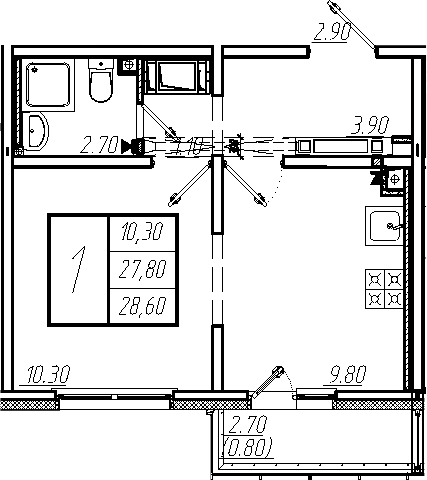 1-комнатная, 28.6 м²– 2