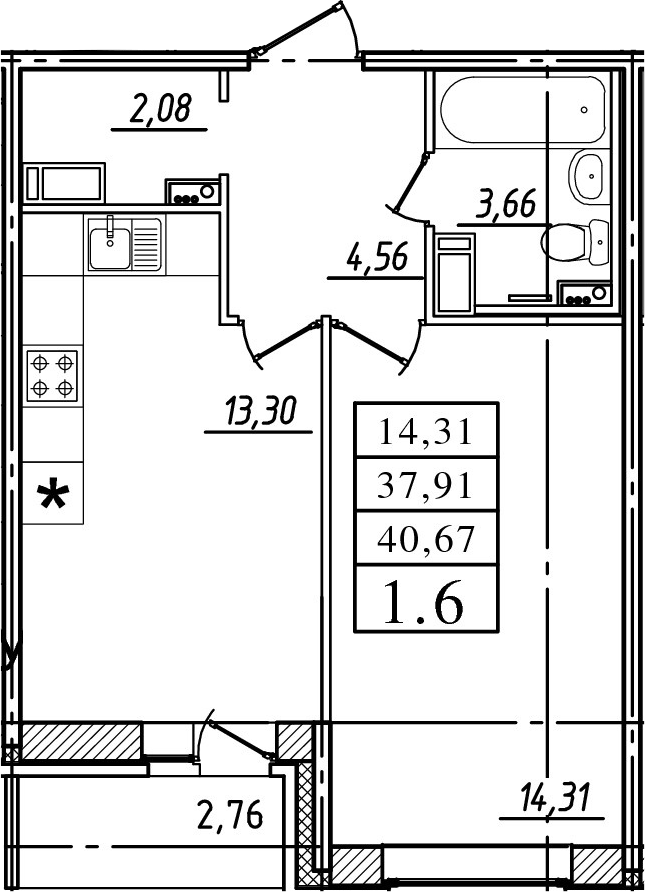 1-комнатная, 37.91 м²– 2