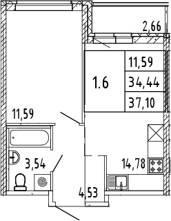 2Е-комнатная, 34.44 м²– 2