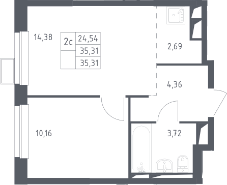 2Е-комнатная, 35.31 м²– 2