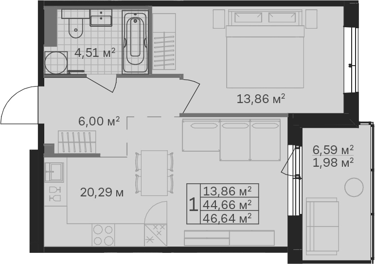 2Е-комнатная, 46.64 м²– 2