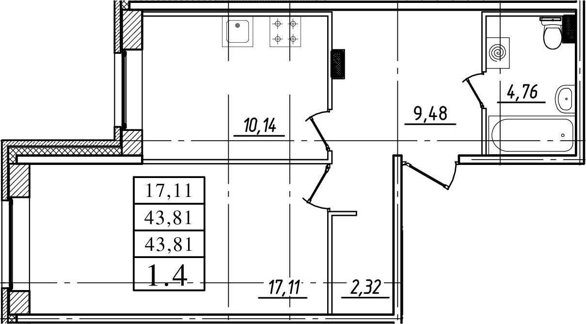1-комнатная, 43.81 м²– 2