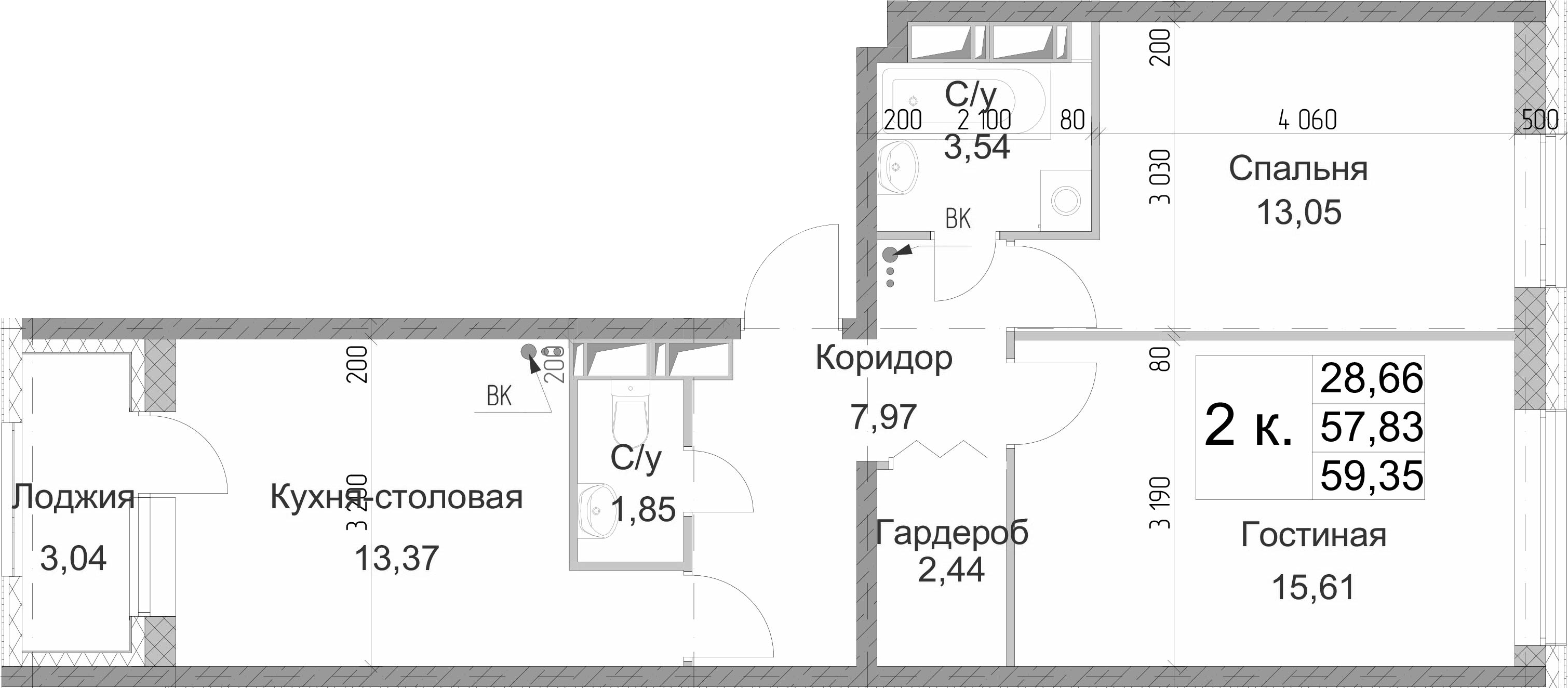 2-комнатная, 59.35 м²– 2
