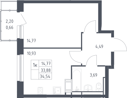 1-комнатная, 34.54 м²– 2