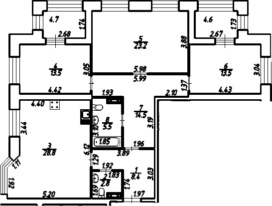 3-комнатная, 114.9 м²– 2