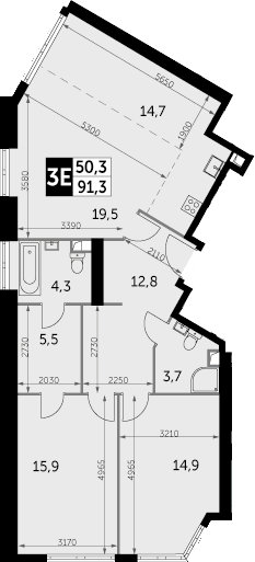 3Е-к.кв, 91.3 м², 35 этаж