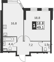 1-комнатная, 49.1 м²– 2