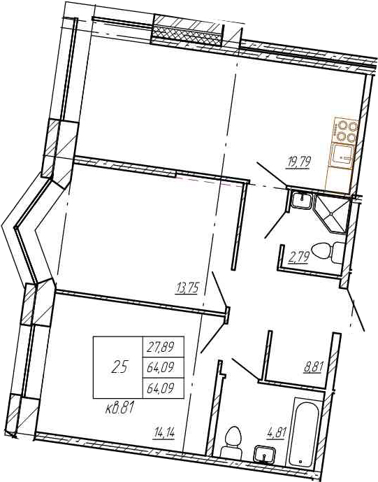 3Е-комнатная, 64.09 м²– 2