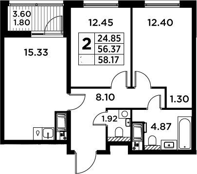 3Е-комнатная, 58.17 м²– 2