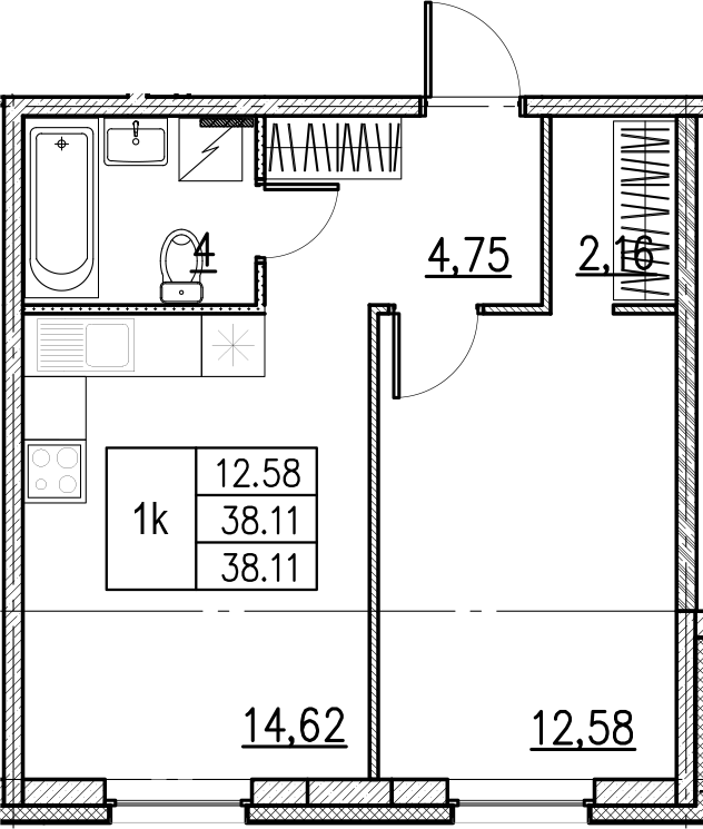 2Е-комнатная, 38.11 м²– 2