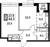 2Е-комнатная, 44.3 м²– 2