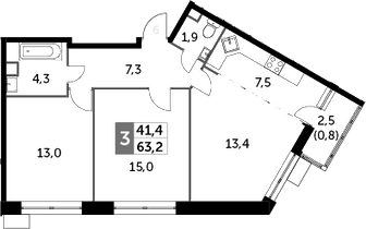 3Е-комнатная, 63.2 м²– 2