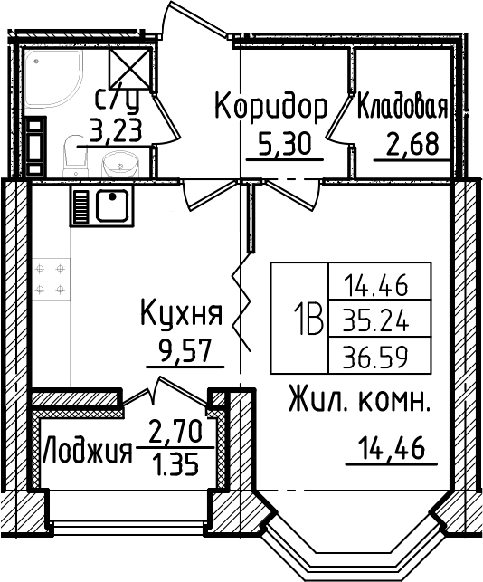 1-комнатная, 36.59 м²– 2
