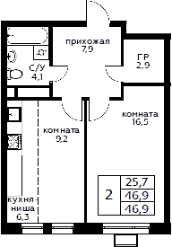 2Е-к.кв, 46.9 м²