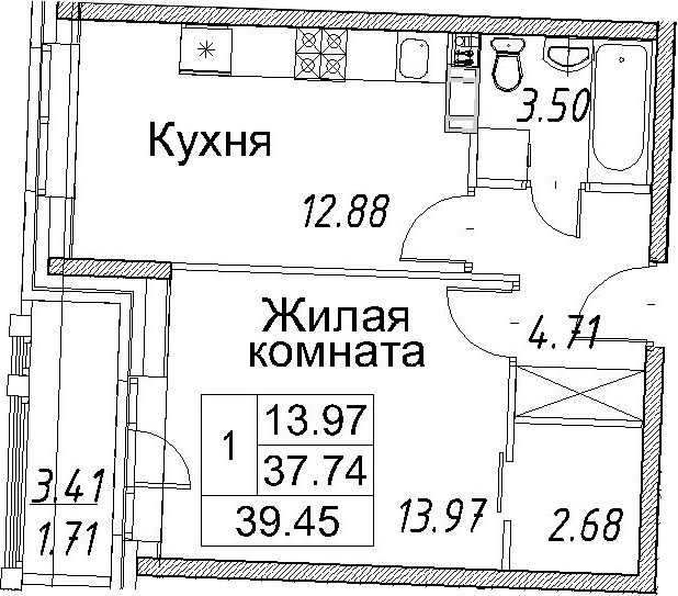 1-к.кв, 39.45 м²