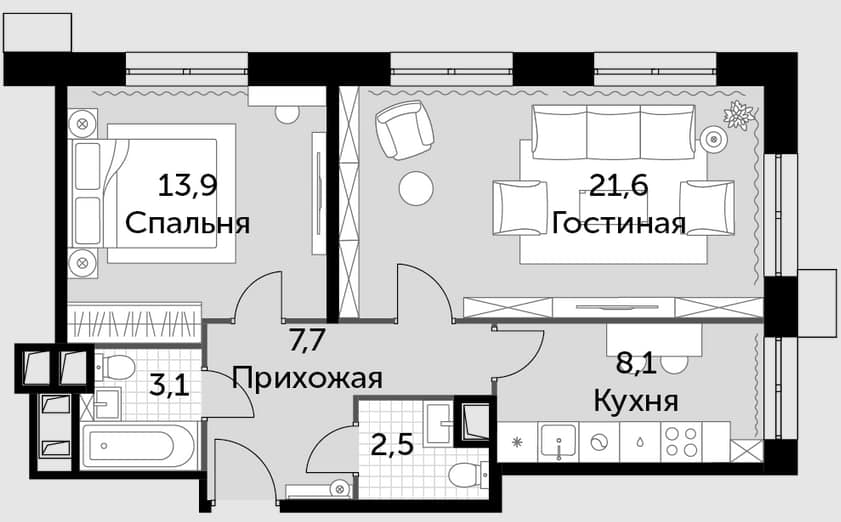 2-комнатная, 56.9 м²– 2