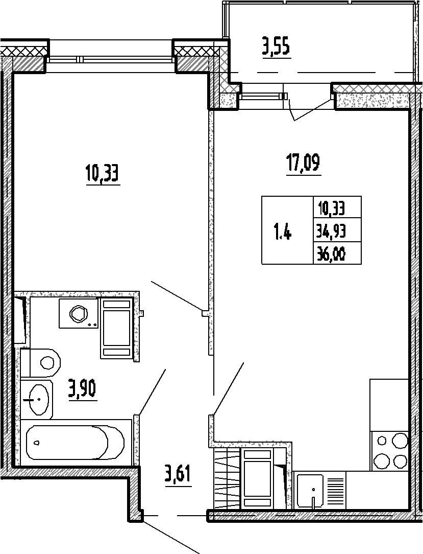 2Е-комнатная, 34.93 м²– 2