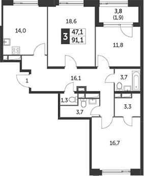 3-комнатная, 91.1 м²– 2