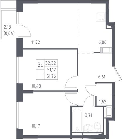 3Е-комнатная, 51.76 м²– 2