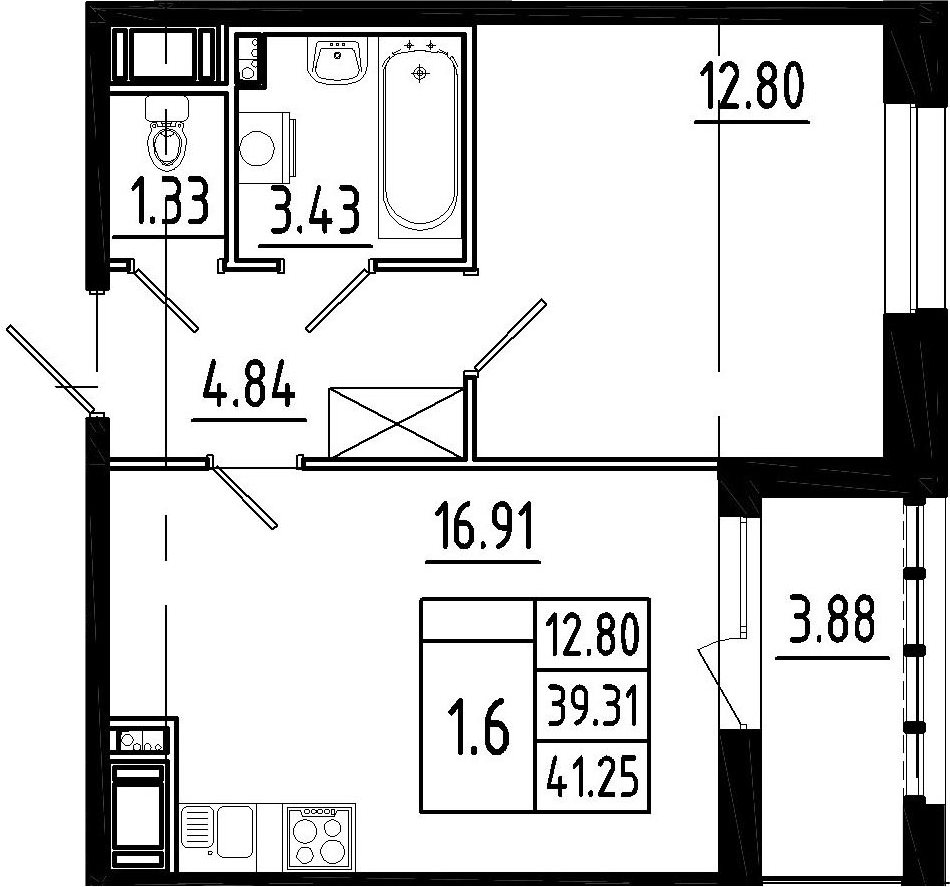 2Е-комнатная, 39.31 м²– 2