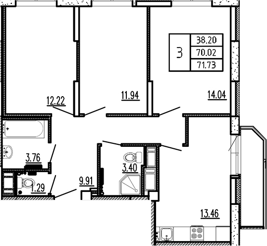 3-комнатная, 71.92 м²– 2
