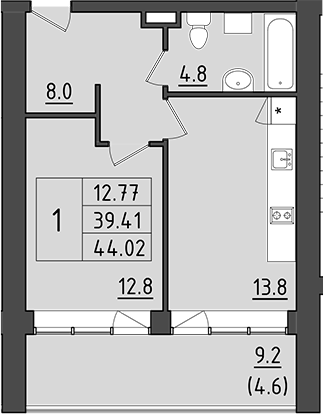 1-комнатная, 48.61 м²– 2