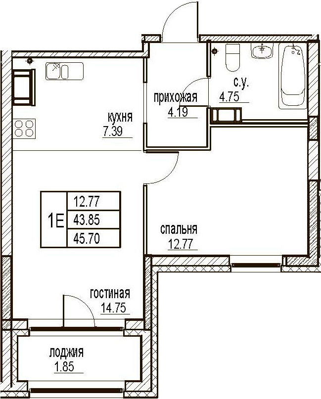 2Е-комнатная, 45.7 м²– 2
