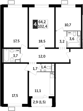 4-комнатная, 102.4 м²– 2