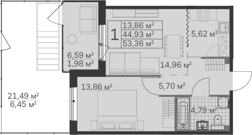 2Е-комнатная, 53.35 м²– 2