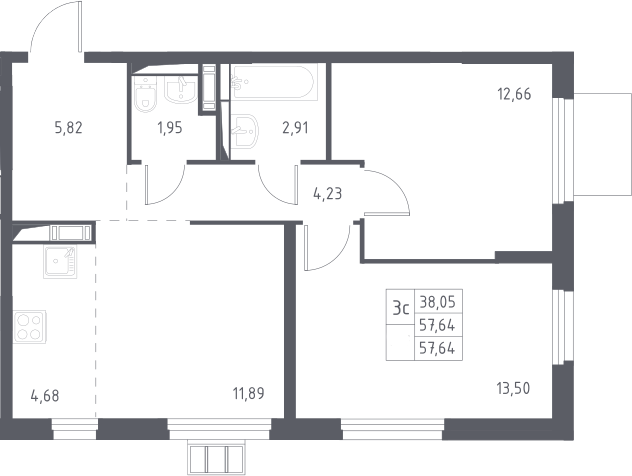 3Е-комнатная, 57.64 м²– 2